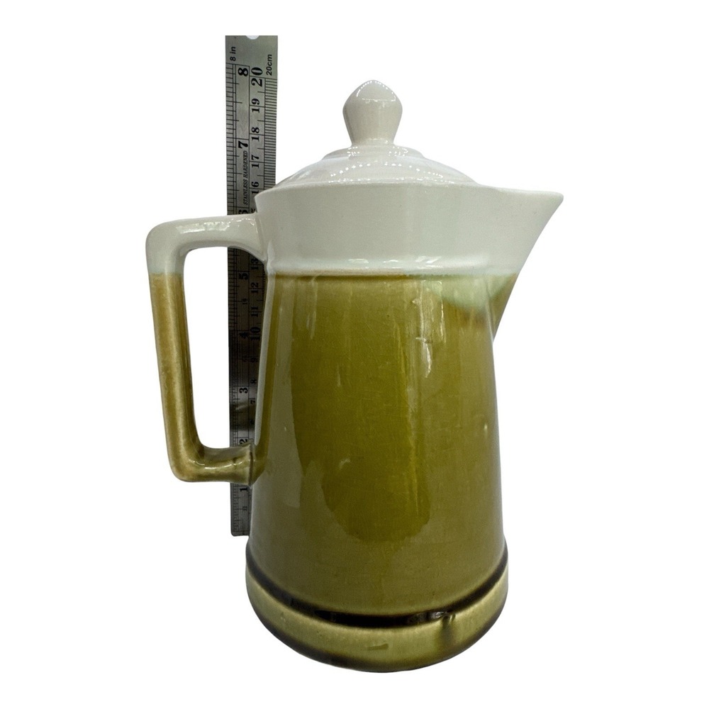Vintage MCM Olive Green White Ceramic Coffee Pot Pitcher Carafe Japan 60/249 8"